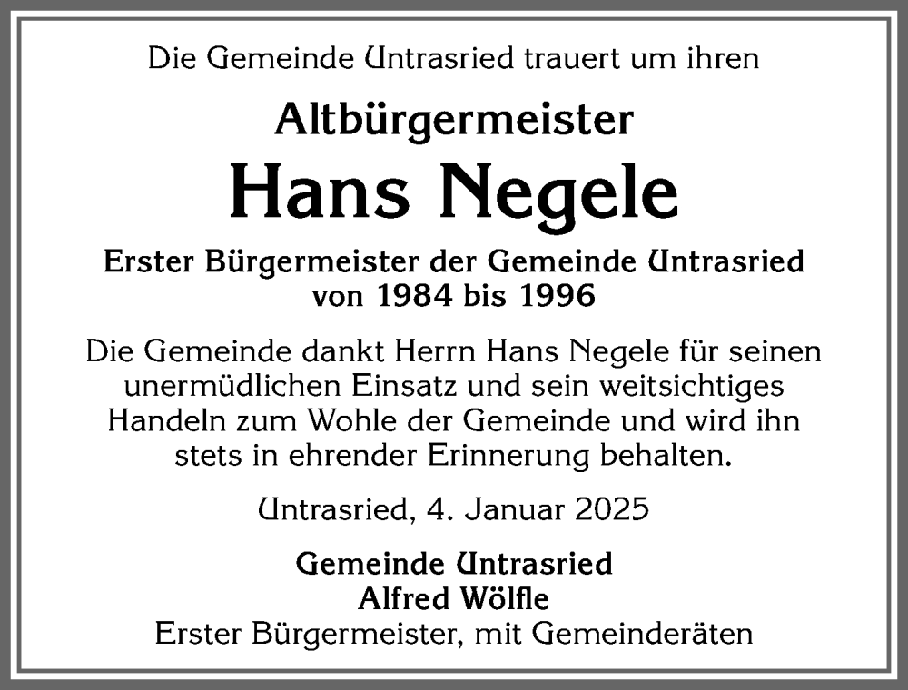 Traueranzeige von Hans Negele von Allgäuer Zeitung, Marktoberdorf