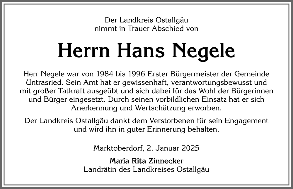 Traueranzeige von Hans Negele von Allgäuer Zeitung, Marktoberdorf