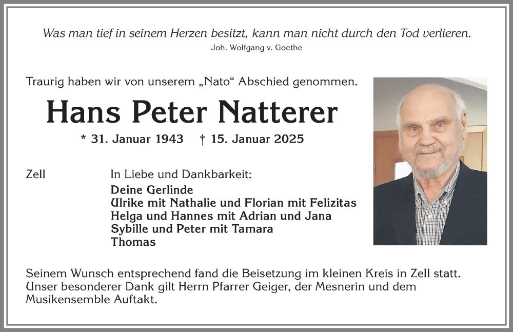 Traueranzeige von Hans Peter Natterer von Memminger Zeitung