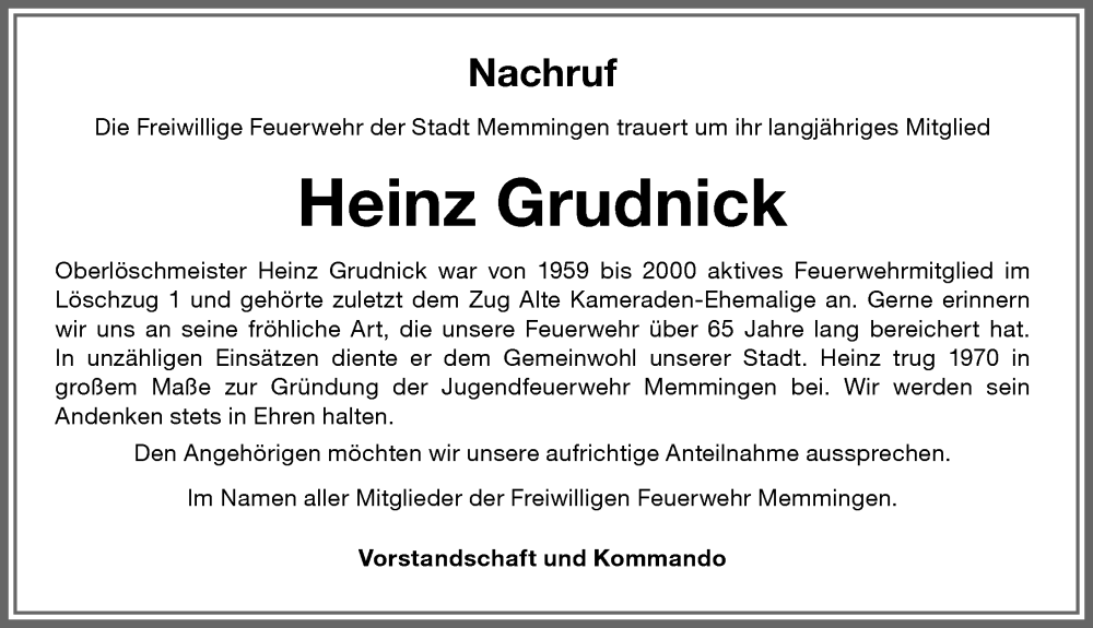 Traueranzeige von Heinz Grudnick von Memminger Zeitung