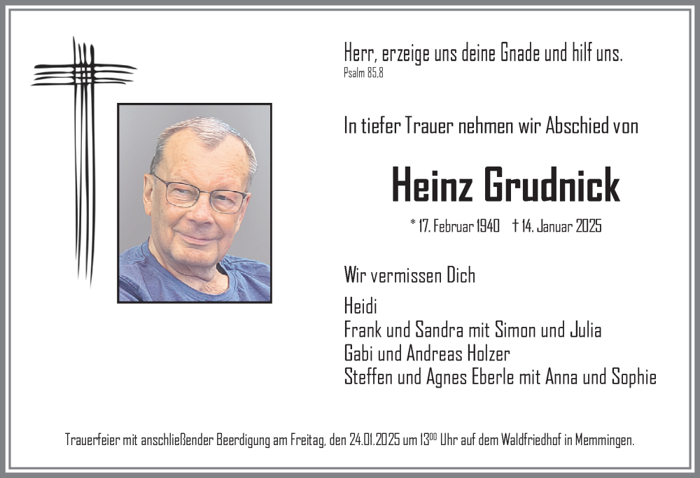 Traueranzeige von Heinz Grudnick von Memminger Zeitung