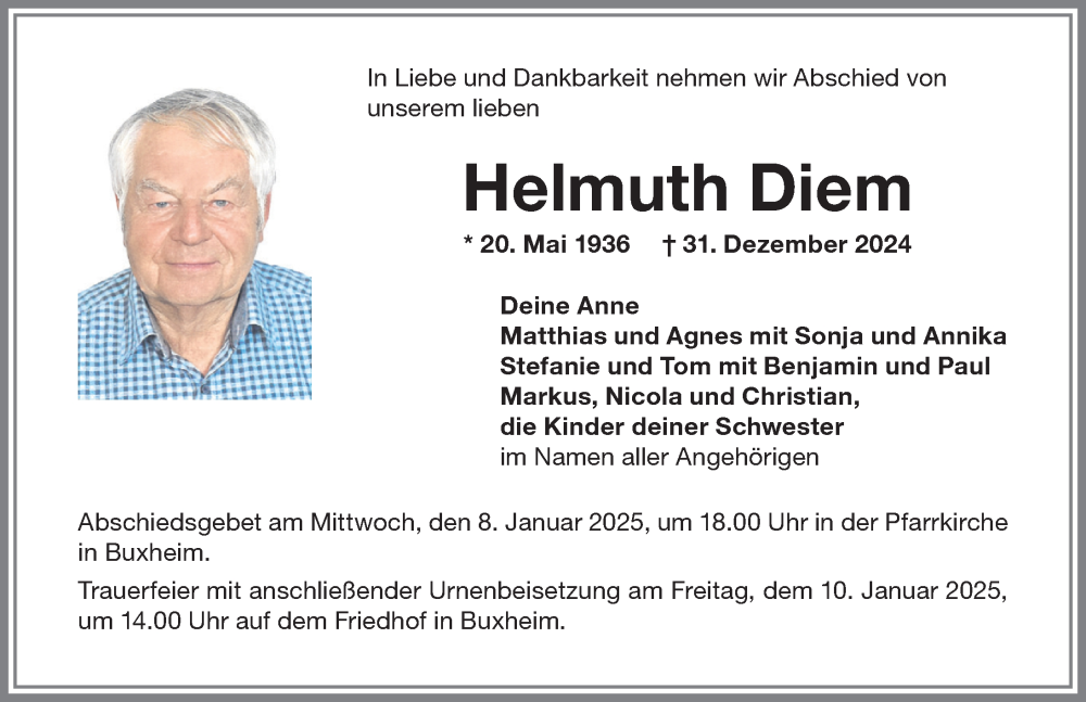 Traueranzeige von Helmuth Diem von Memminger Zeitung