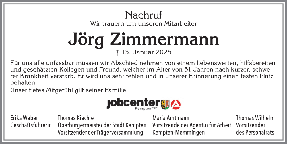 Traueranzeige von Jörg Zimmermann von Allgäuer Zeitung,Kempten