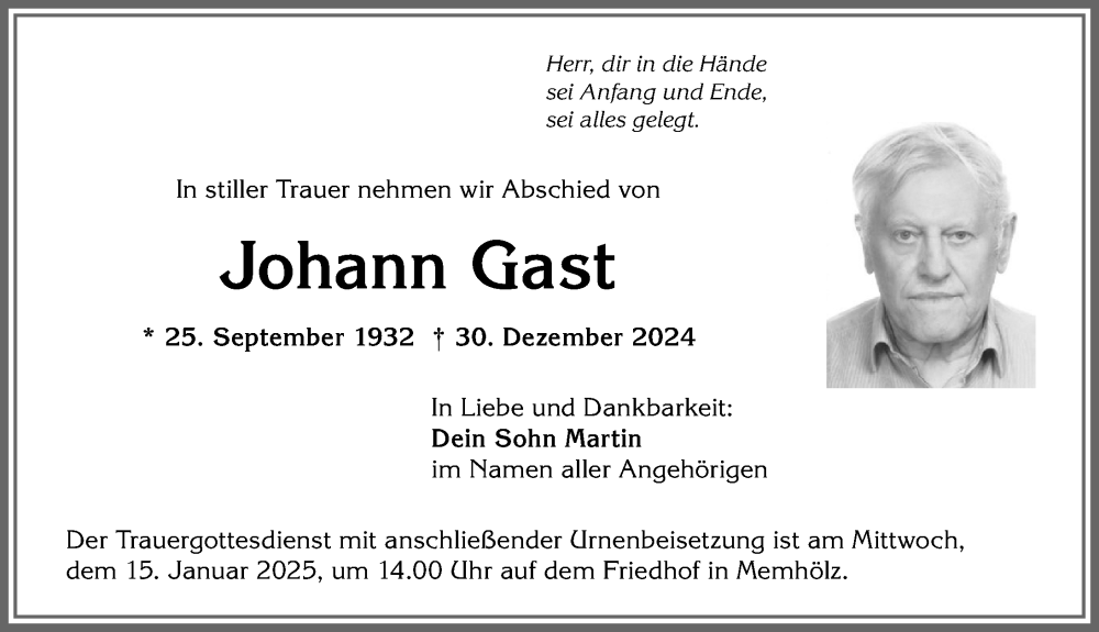 Traueranzeige von Johann Gast von Allgäuer Zeitung,Kempten