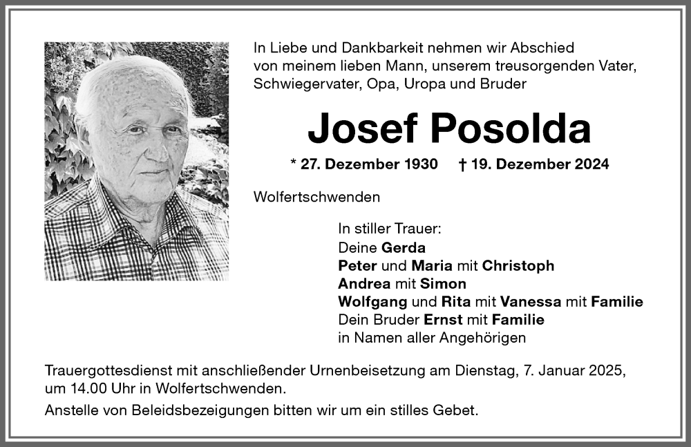 Traueranzeige von Josef Posolda von Memminger Zeitung