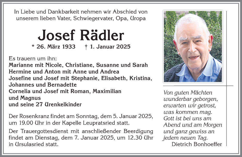 Traueranzeige von Josef Rädler von Allgäuer Zeitung,Kempten