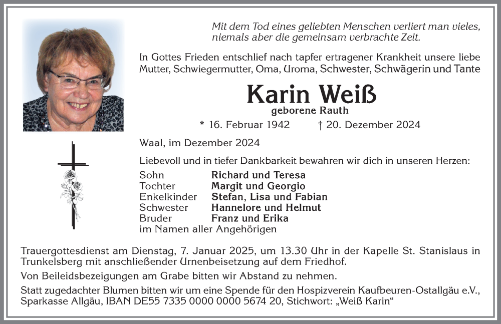 Traueranzeige von Karin Weiß von Memminger Zeitung