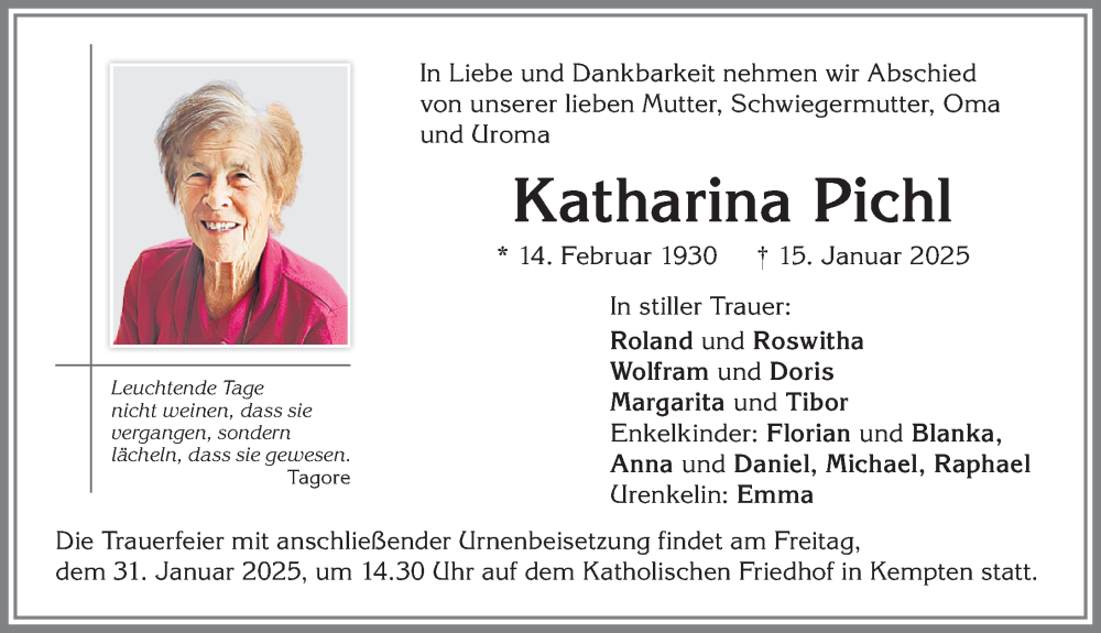 Traueranzeige von Katharina Pichl von Allgäuer Zeitung,Kempten