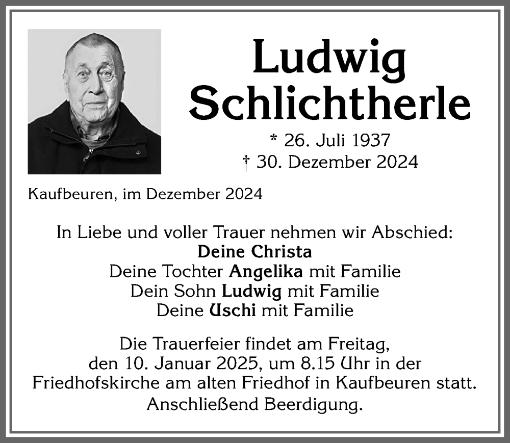 Traueranzeige von Ludwig Schlichtherle von Allgäuer Zeitung, Kaufbeuren/Buchloe