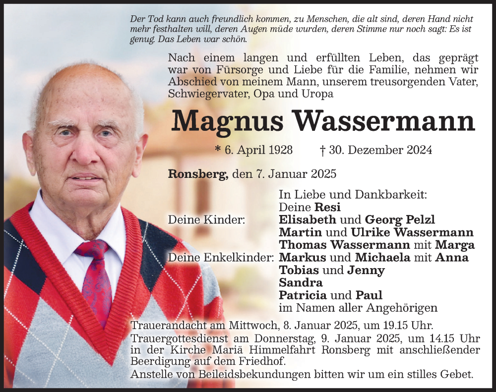 Traueranzeige von Magnus Wassermann von Allgäuer Zeitung, Marktoberdorf