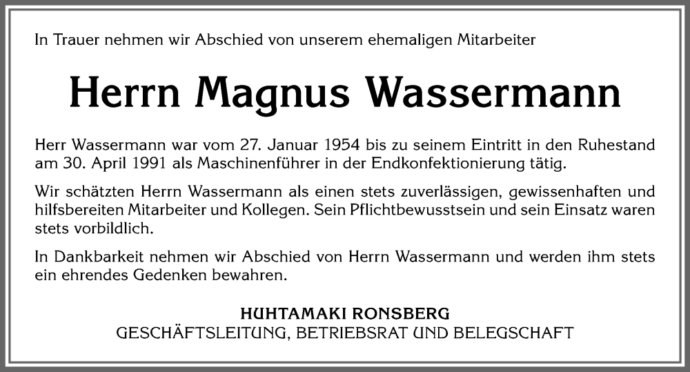 Traueranzeige von Magnus Wassermann von Allgäuer Zeitung, Marktoberdorf