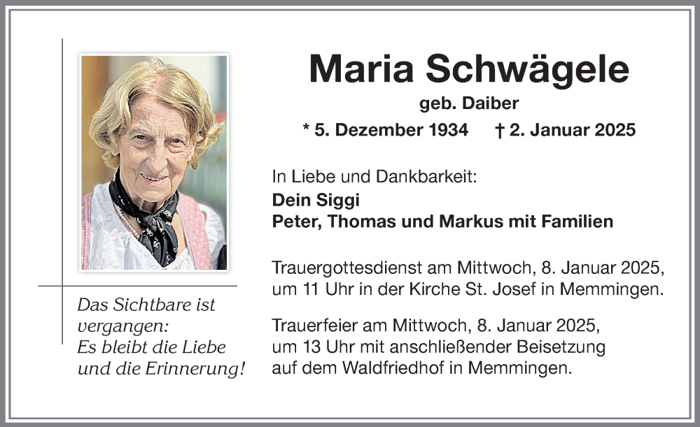 Traueranzeige von Maria Schwägele von Memminger Zeitung