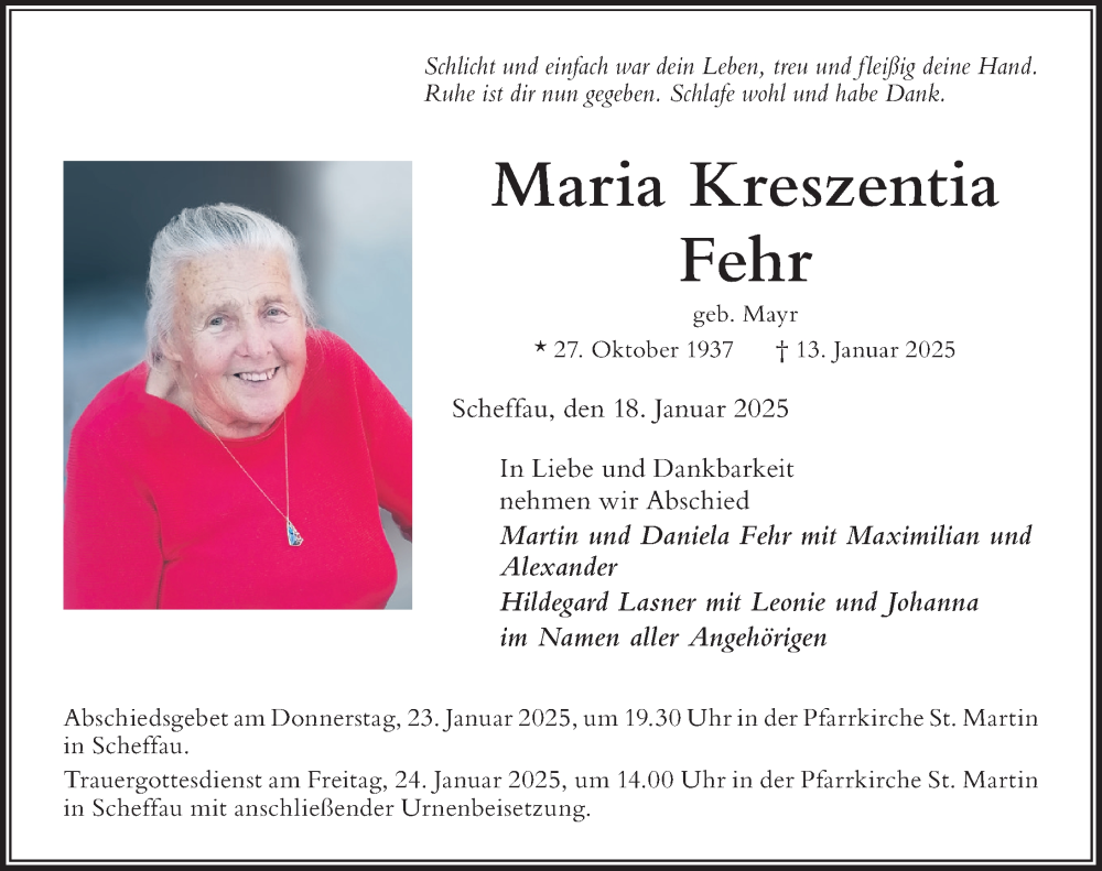 Traueranzeige von Maria Kreszentia Fehr von Der Westallgäuer