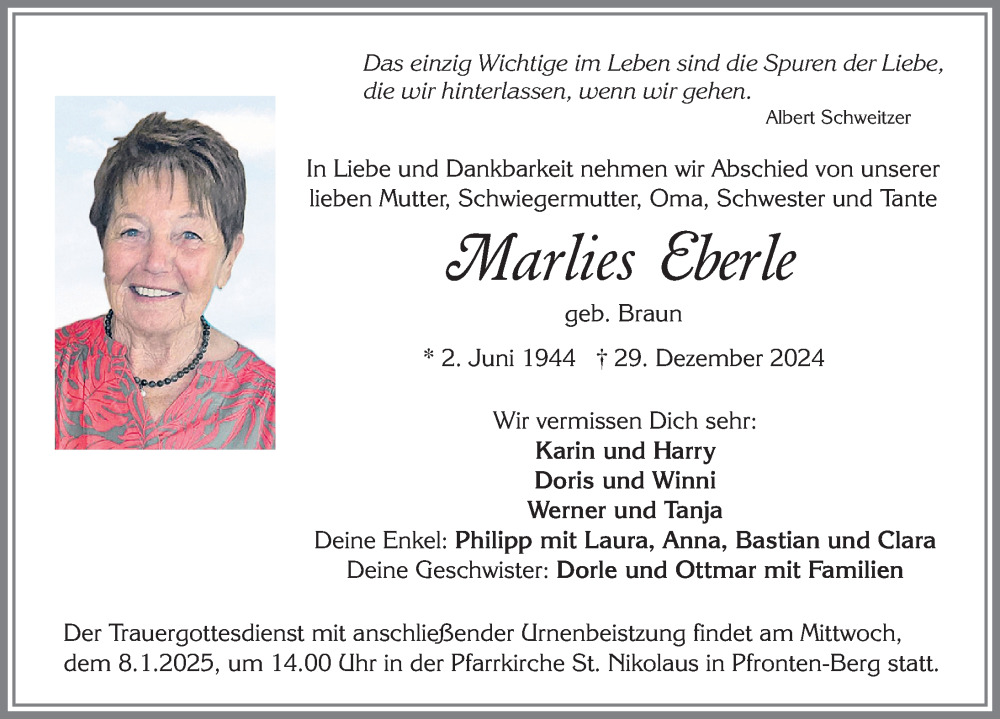 Traueranzeige von Marlies Eberle von Allgäuer Zeitung, Füssen