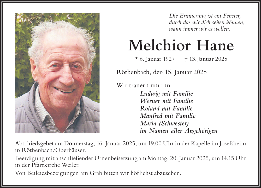 Traueranzeige von Melchior Hane von Der Westallgäuer