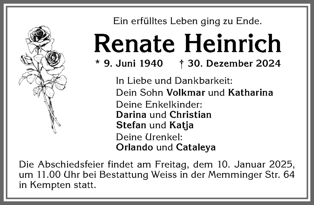 Traueranzeige von Renate Heinrich von Allgäuer Zeitung,Kempten