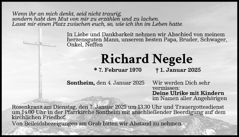 Traueranzeige von Richard Negele von Memminger Zeitung