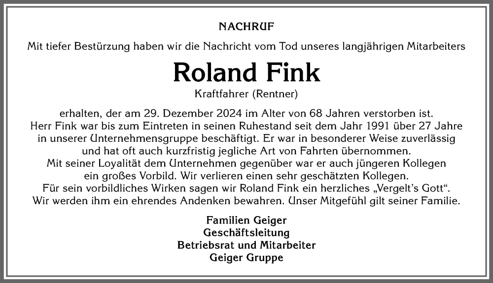 Traueranzeige von Roland Fink von Der Westallgäuer