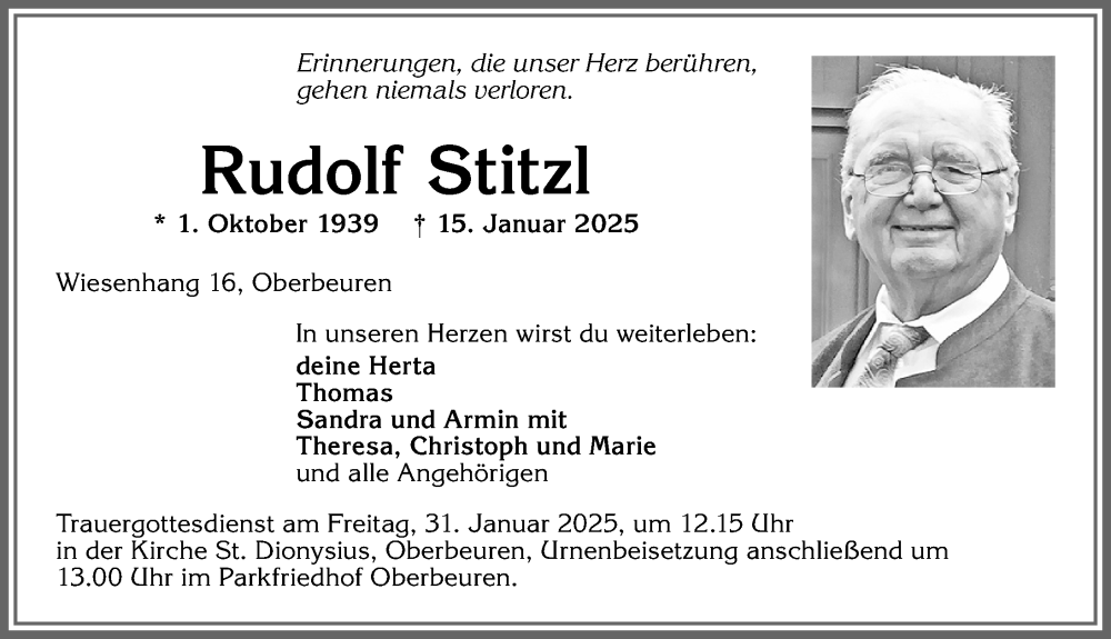 Traueranzeige von Rudolf Stitzl von Allgäuer Zeitung, Kaufbeuren/Buchloe