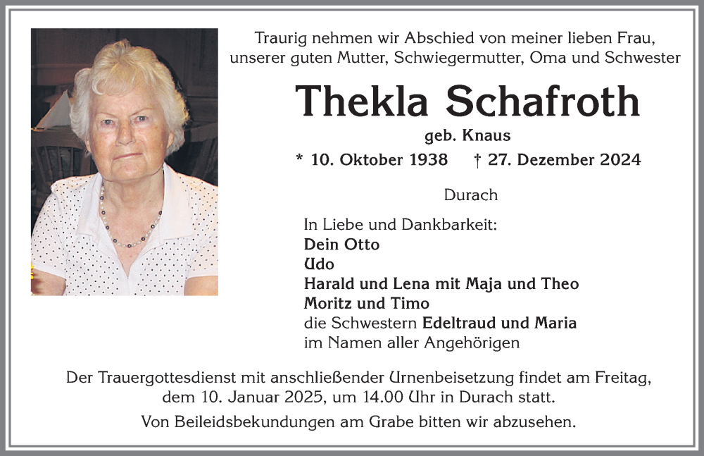 Traueranzeige von Thekla Schafroth von Allgäuer Zeitung,Kempten