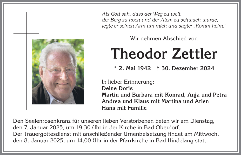 Traueranzeige von Theodor Zettler von Allgäuer Anzeigeblatt