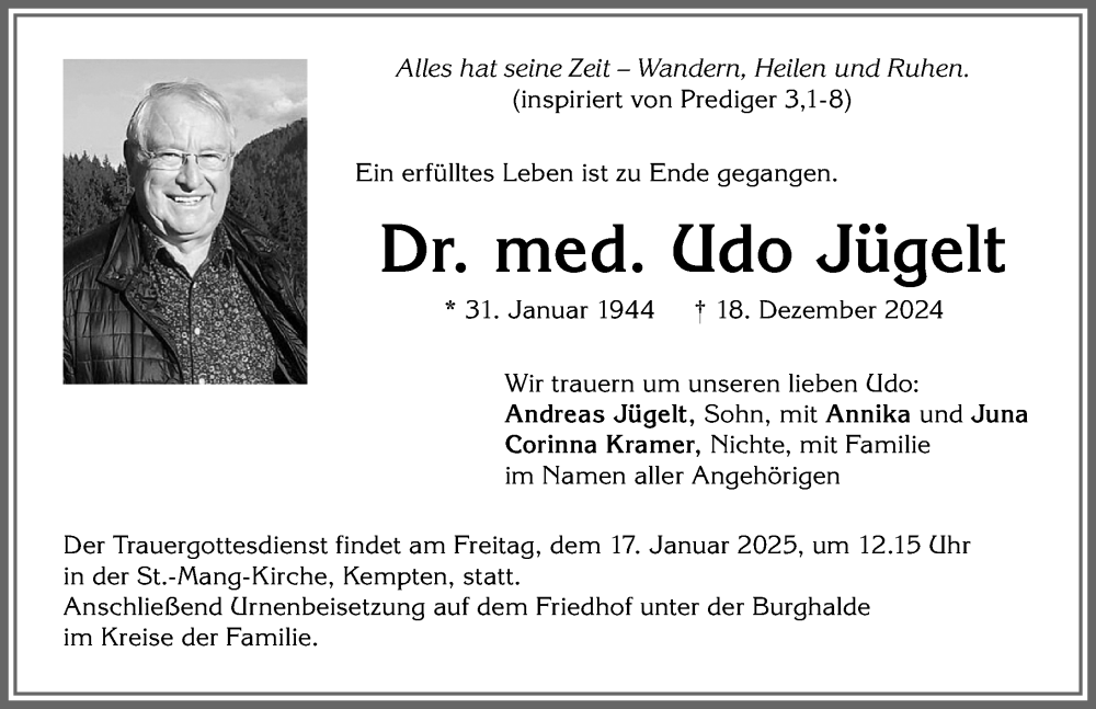 Traueranzeige von Udo Jügelt von Allgäuer Zeitung,Kempten