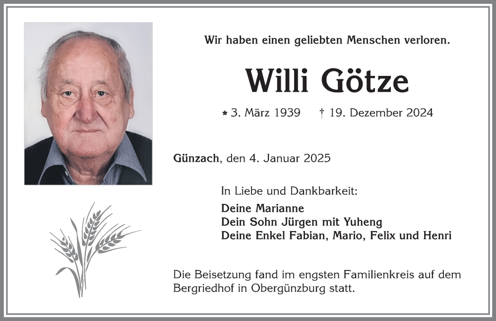 Traueranzeige von Willi Götze von Allgäuer Zeitung, Marktoberdorf