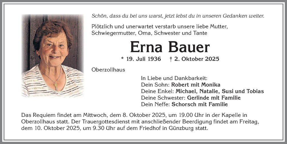  Traueranzeige für Erna Bauer vom 07.10.2025 aus Augsburger Allgemeine, Günzburger Zeitung