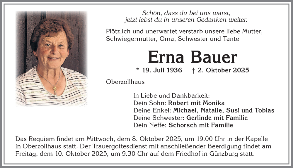  Traueranzeige für Erna Bauer vom 07.10.2025 aus Allgäuer Zeitung,Kempten