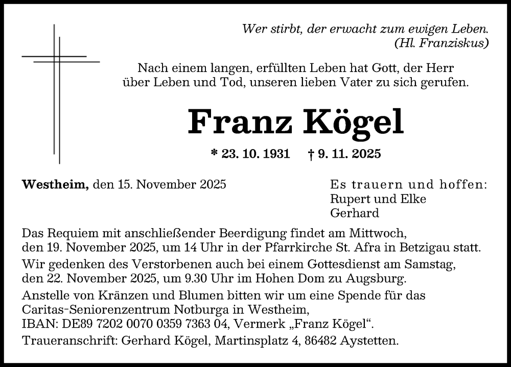  Traueranzeige für Franz Kögel vom 15.11.2025 aus Augsburger Allgemeine