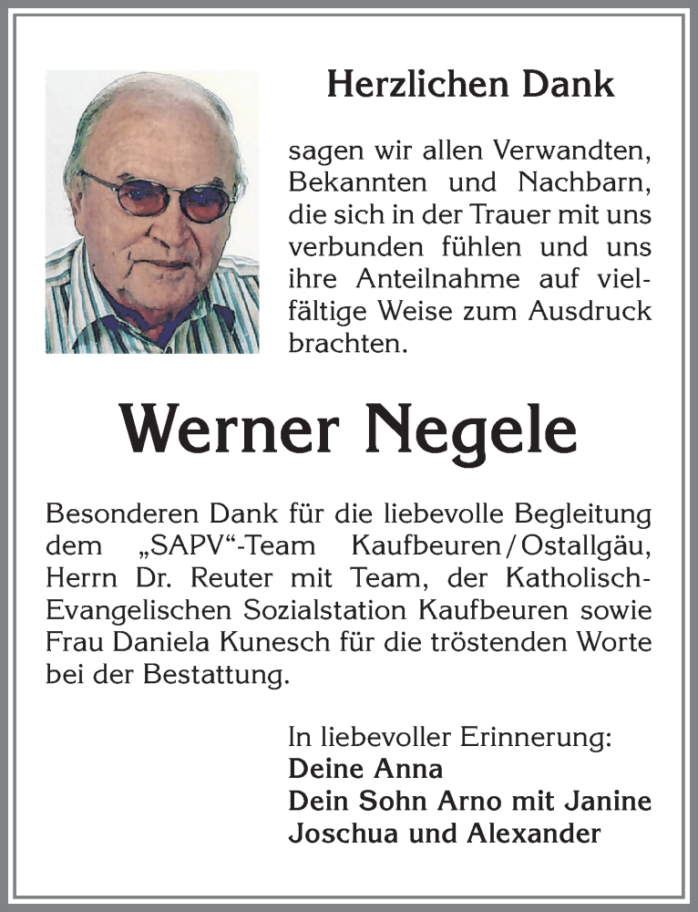  Traueranzeige für Werner Negele vom 29.11.2025 aus Allgäuer Zeitung, Kaufbeuren/Buchloe