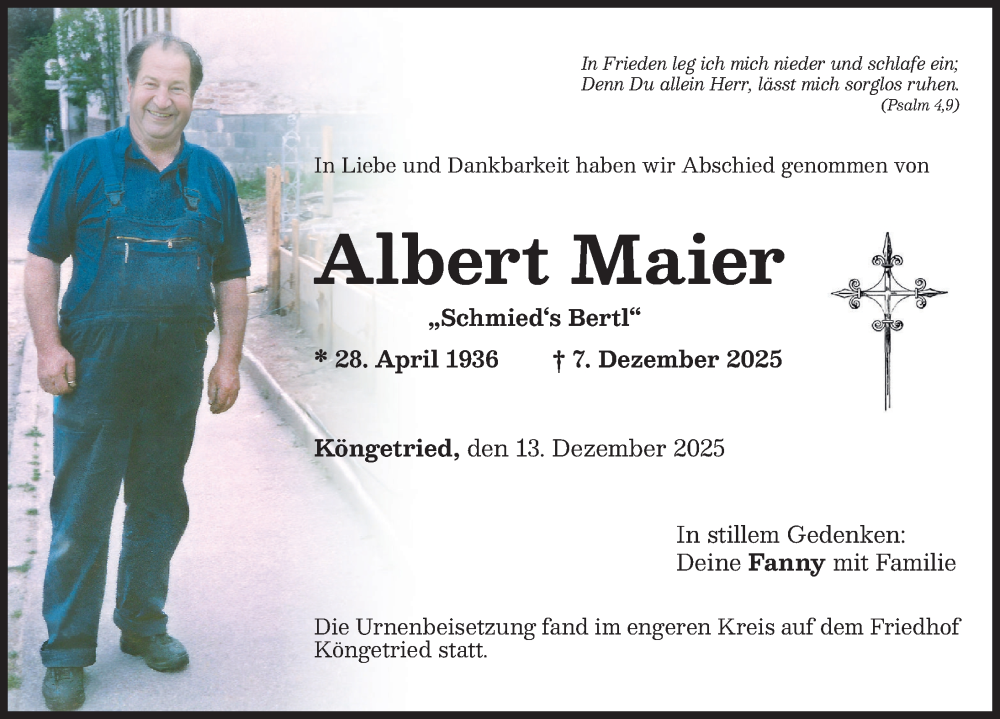  Traueranzeige für Albert Maier vom 13.12.2025 aus Mindelheimer Zeitung, Augsburger Allgemeine