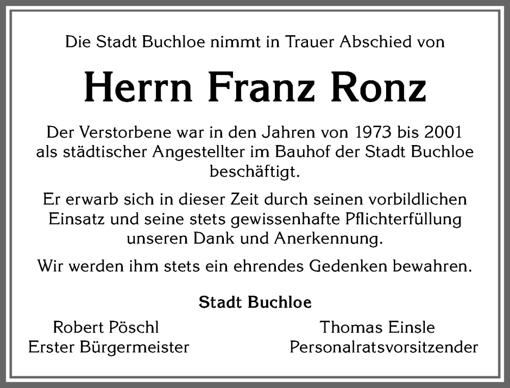 Traueranzeige von Franz Ronz von Allgäuer Zeitung, Kaufbeuren/Buchloe