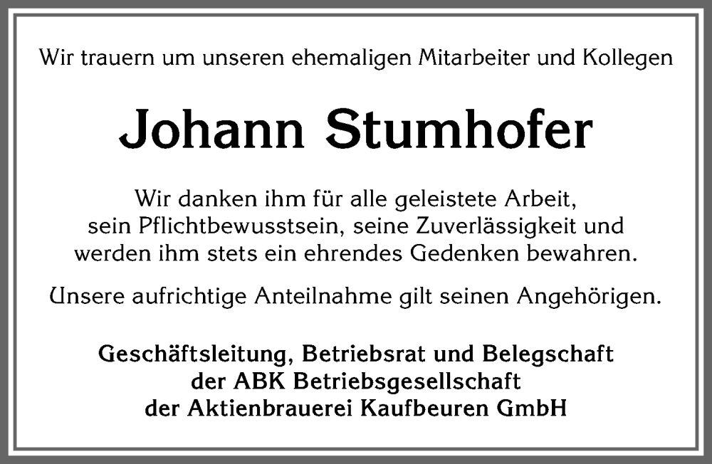 Traueranzeige von Johann Stumhofer von Allgäuer Zeitung, Kaufbeuren/Buchloe