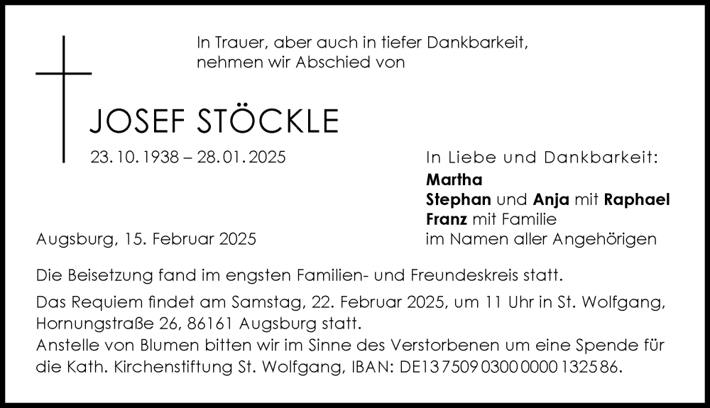 Traueranzeige von Josef Stöckle von Augsburger Allgemeine, Donauwörther Zeitung