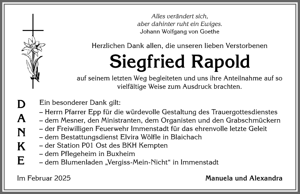 Traueranzeige von Siegfried Rapold von Allgäuer Anzeigeblatt