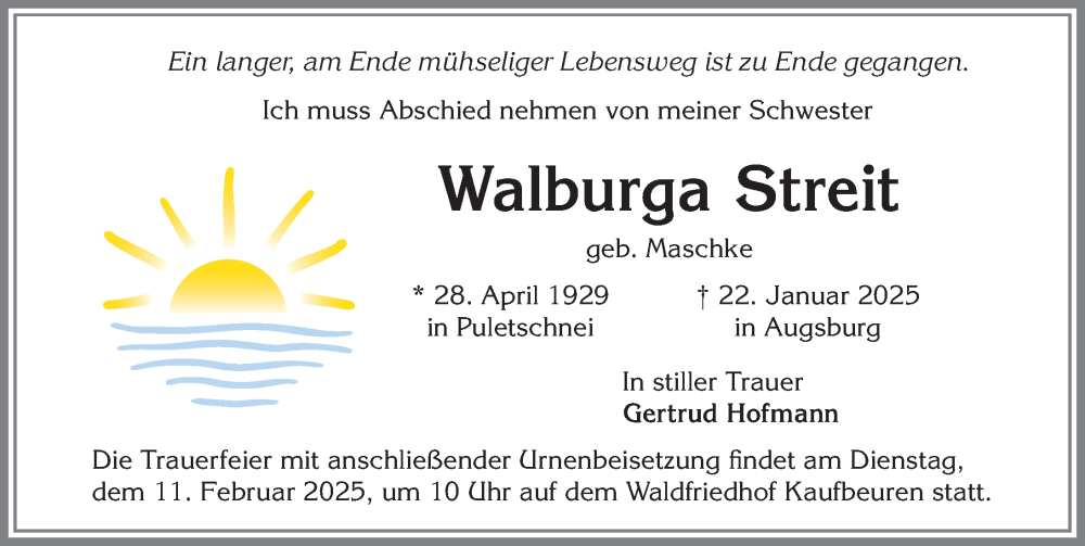 Traueranzeige von Walburga Streit von Allgäuer Zeitung, Kaufbeuren/Buchloe