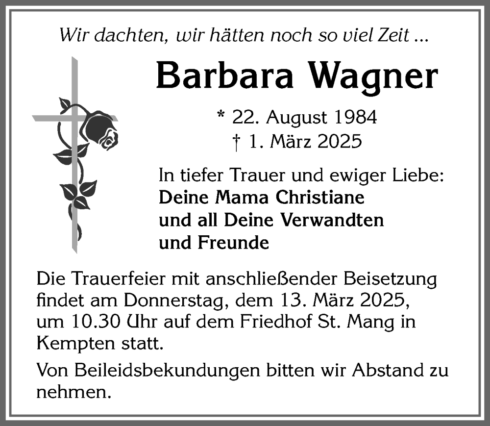 Traueranzeige von Barbara Wagner von Allgäuer Zeitung,Kempten