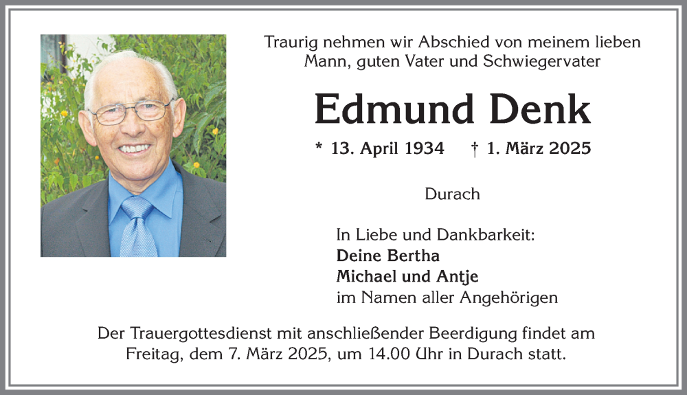 Traueranzeige von Edmund Denk von Allgäuer Zeitung,Kempten