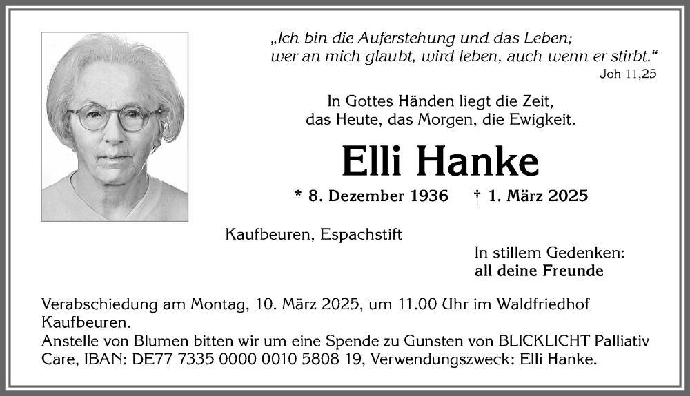 Traueranzeige von Elli Hanke von Allgäuer Zeitung, Kaufbeuren/Buchloe