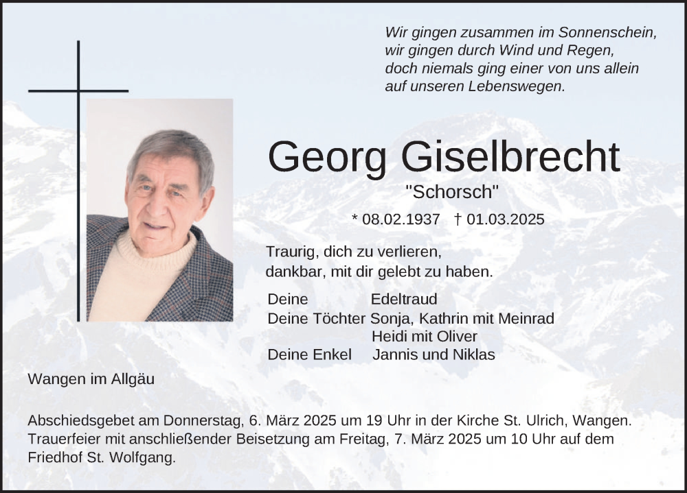 Traueranzeige von Georg Giselbrecht von Der Westallgäuer