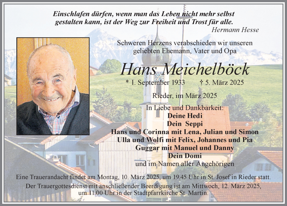 Traueranzeige von Hans Meichelböck von Allgäuer Zeitung, Marktoberdorf