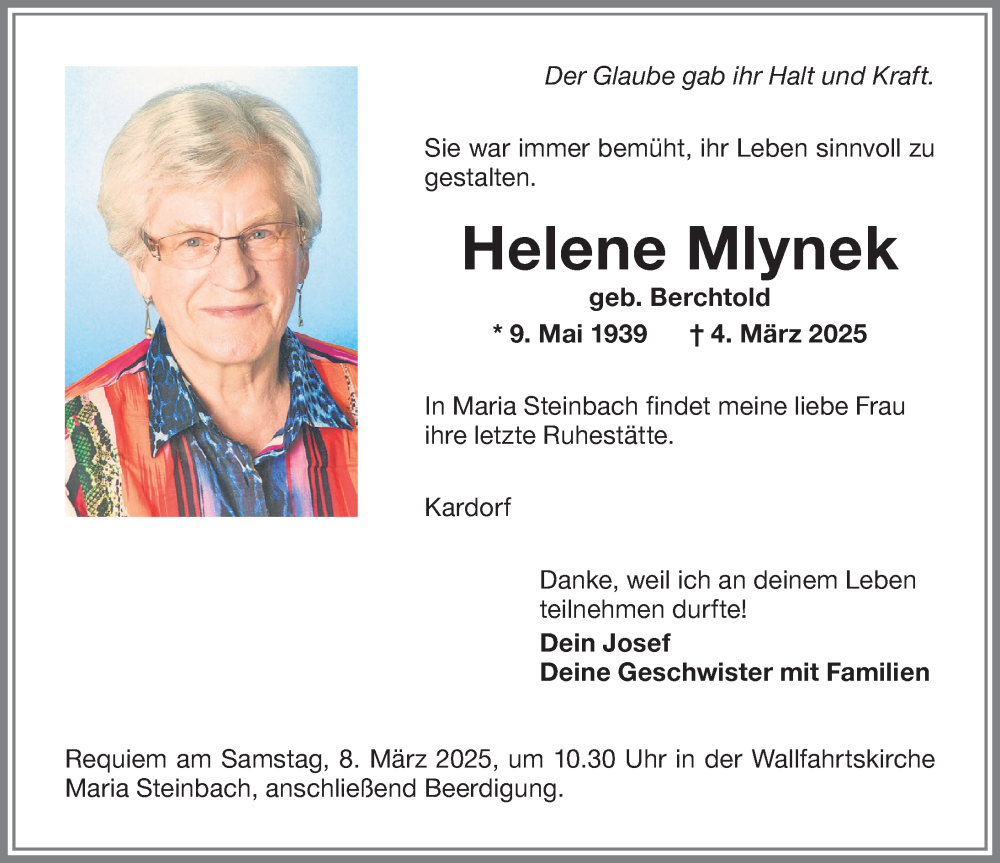 Traueranzeige von Helene Mlynek von Memminger Zeitung