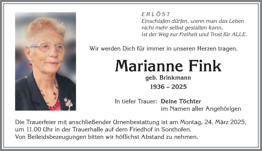 Traueranzeige von Marianne Fink von Allgäuer Anzeigeblatt