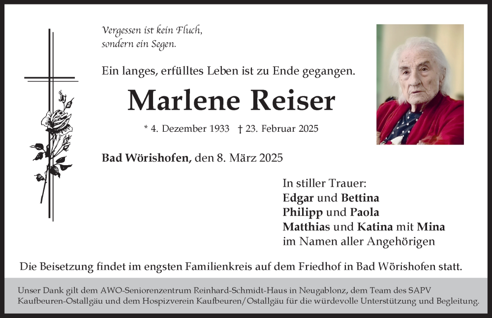 Traueranzeige von Marlene Reiser von Allgäuer Zeitung, Kaufbeuren/Buchloe