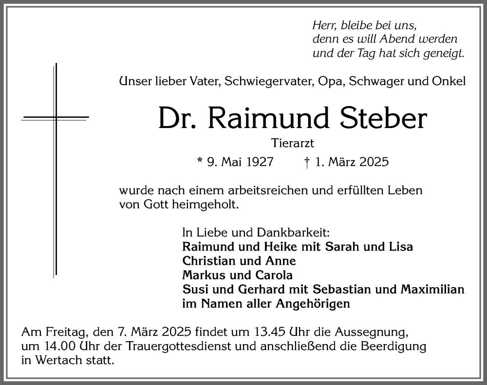 Traueranzeige von Raimund Steber von Allgäuer Zeitung,Kempten