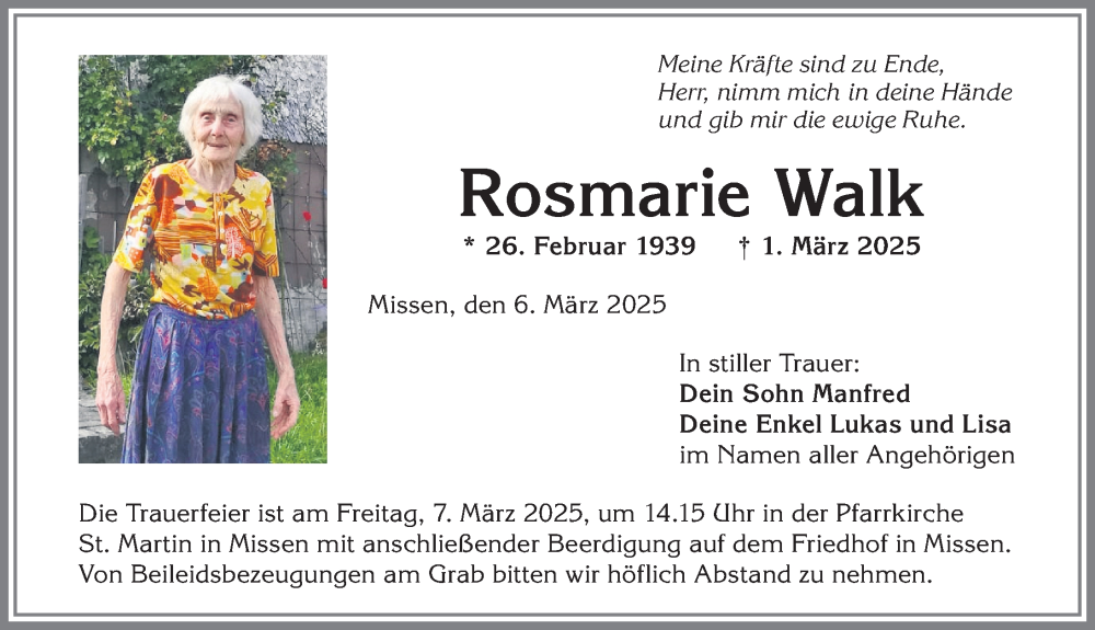 Traueranzeige von Rosmarie Walk von Allgäuer Anzeigeblatt