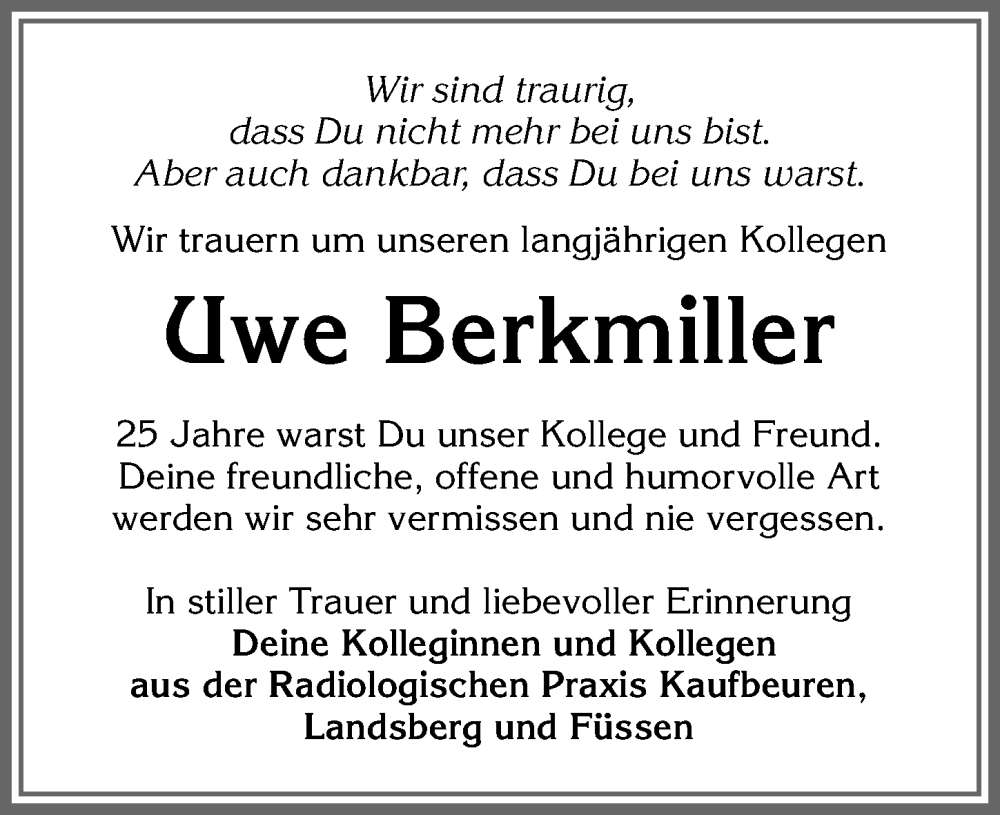 Traueranzeige von Uwe Berkmiller von Mindelheimer Zeitung, Augsburger Allgemeine