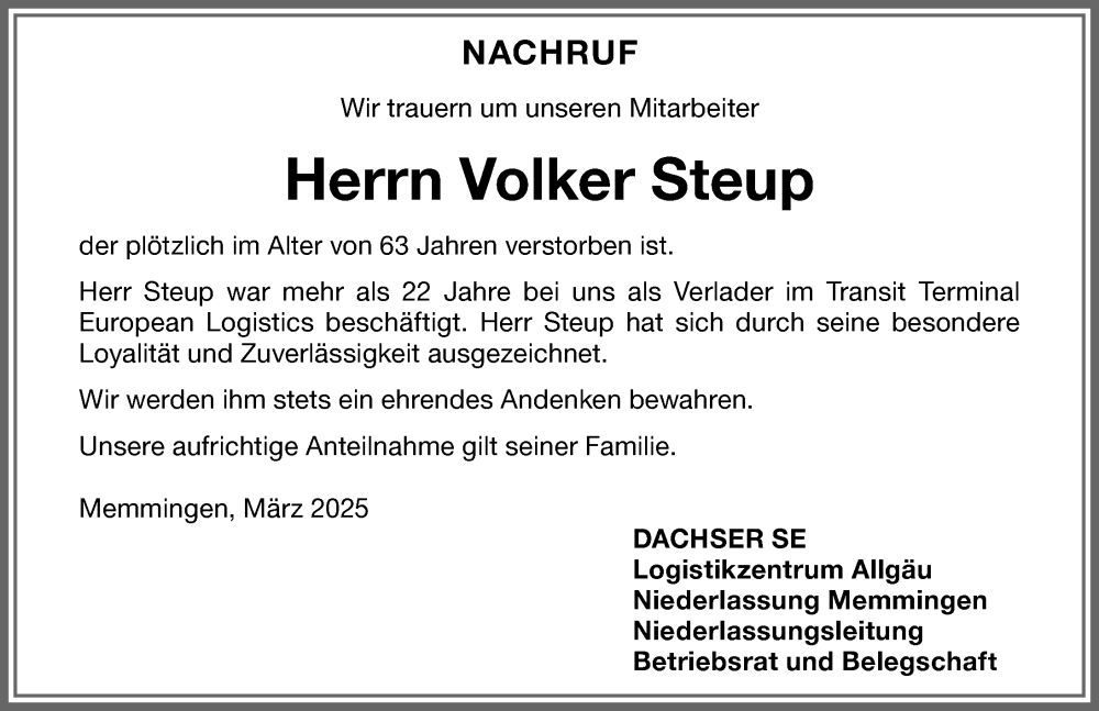 Traueranzeige von Volker Steup von Memminger Zeitung
