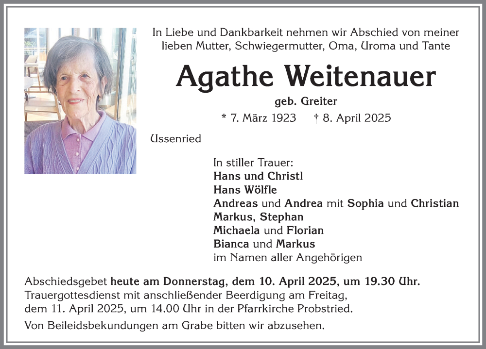 Traueranzeige von Agathe Weitenauer von Allgäuer Zeitung,Kempten